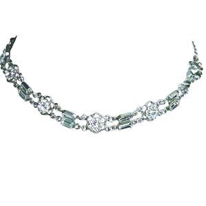 Double Strand Silver Tone Sparkly Clear Rhinestone Flower Collar Necklace